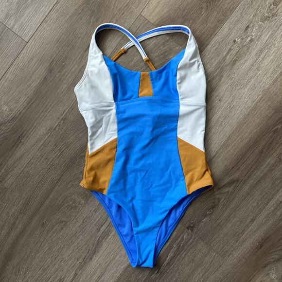 prAna One-Piece Swimsuit Wome Sz S Blue White Tan Tulum Sweet Agave Color Block - Picture 1 of 13